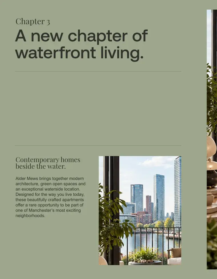 Brochure spread introducing a new chapter of waterfront living