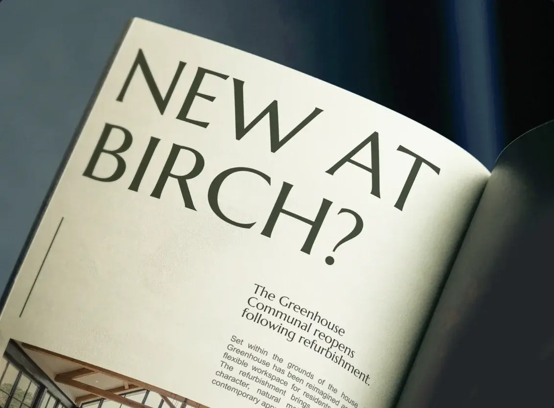 Open brochure spread headlined 'New at Birch?'
